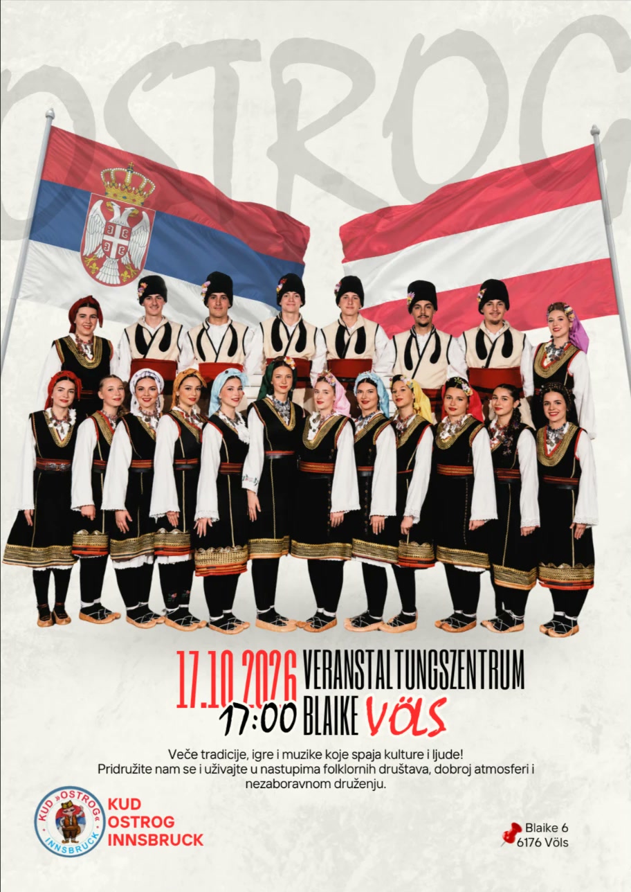 Flyer: Folkloreabend am 17.10.2026 um 17:00 Uhr im Veranstaltungszentrum Blaike, Blaike 6, 6176 Völs